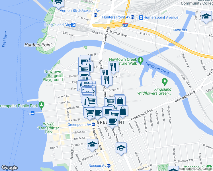 map of restaurants, bars, coffee shops, grocery stores, and more near 354 McGuinness Boulevard in Brooklyn