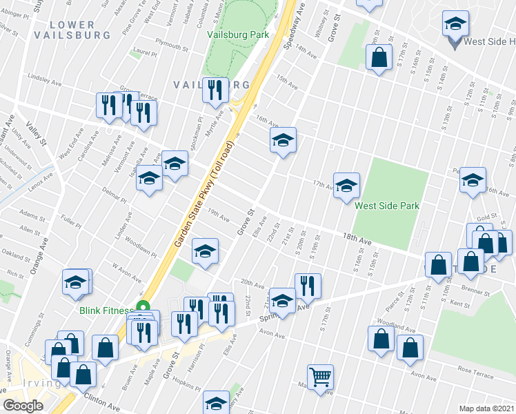 map of restaurants, bars, coffee shops, grocery stores, and more near 676 Grove Street in Irvington