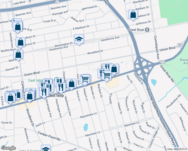 map of restaurants, bars, coffee shops, grocery stores, and more near 245 East Main Street in East Islip