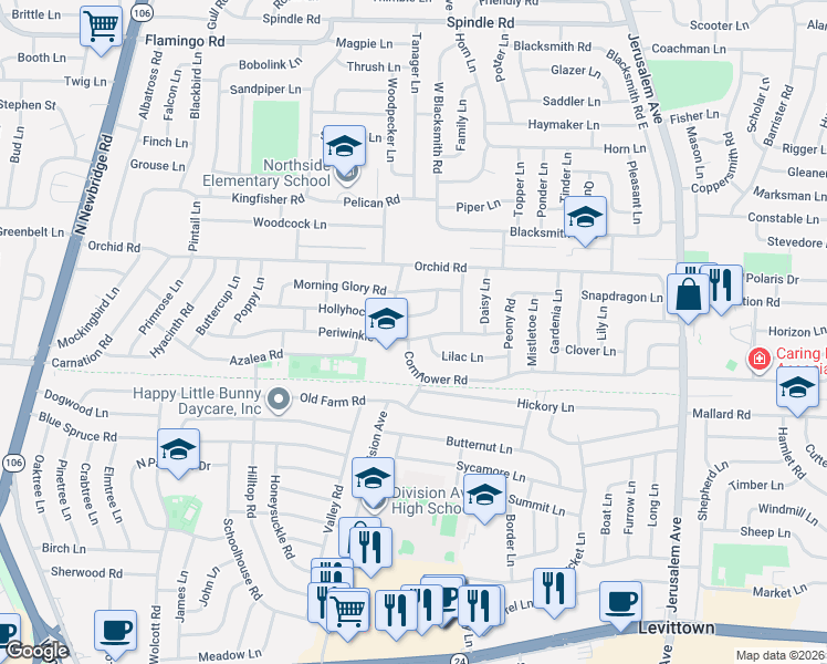 map of restaurants, bars, coffee shops, grocery stores, and more near 8 Lilac Lane in Levittown