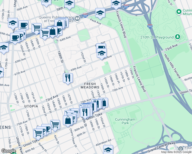 map of restaurants, bars, coffee shops, grocery stores, and more near 73-11 193rd Street in Queens