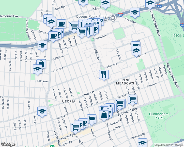 map of restaurants, bars, coffee shops, grocery stores, and more near 69-18 185th Street in Queens