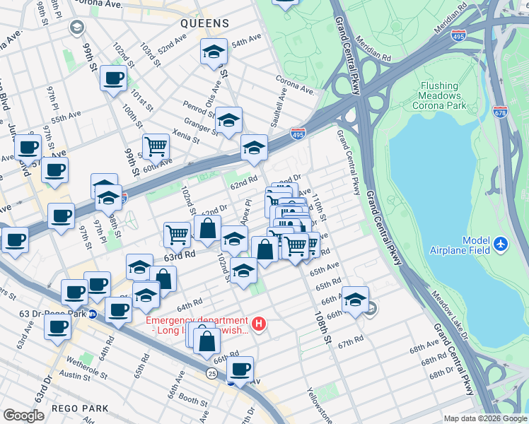 map of restaurants, bars, coffee shops, grocery stores, and more near 105-42 63rd Road in Queens