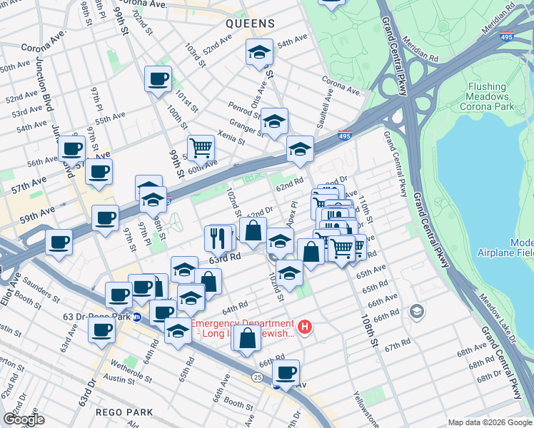 map of restaurants, bars, coffee shops, grocery stores, and more near 102-30 63rd Avenue in Queens