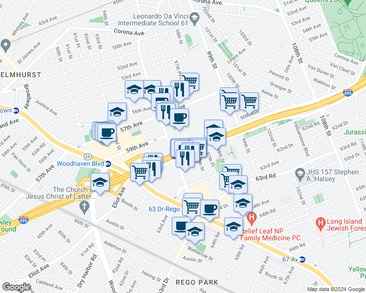map of restaurants, bars, coffee shops, grocery stores, and more near 250 Horace Harding Expressway in Queens