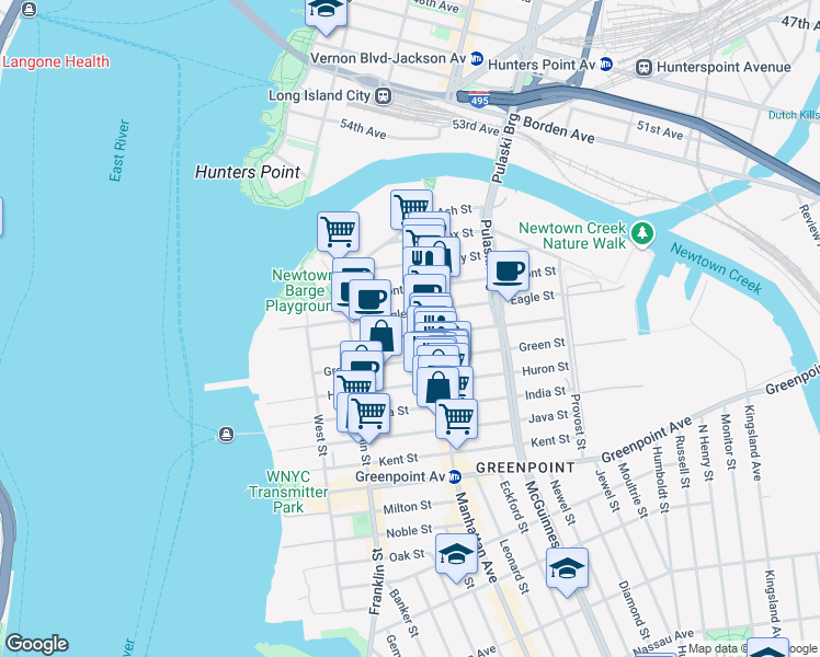 map of restaurants, bars, coffee shops, grocery stores, and more near 141 Green Street in Brooklyn