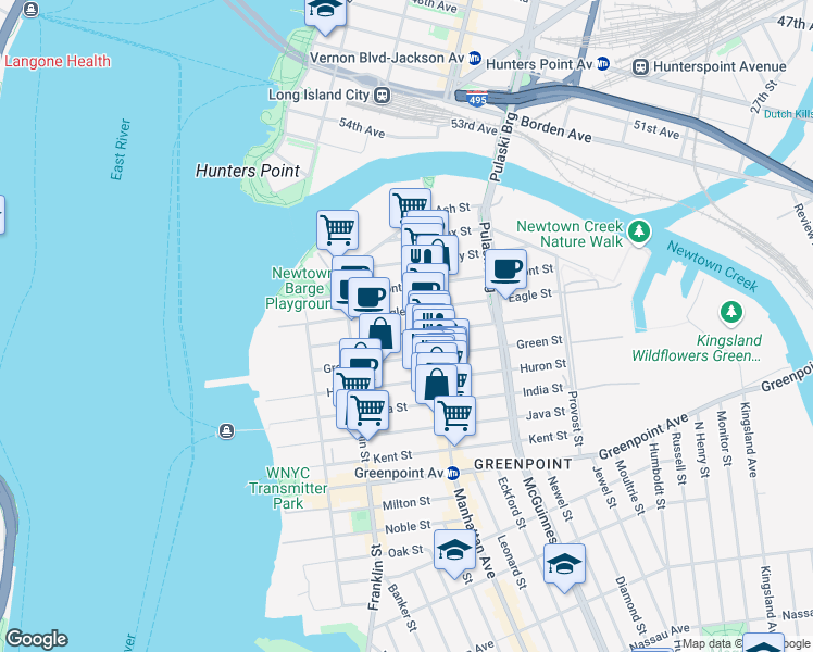 map of restaurants, bars, coffee shops, grocery stores, and more near 141 Green Street in Brooklyn