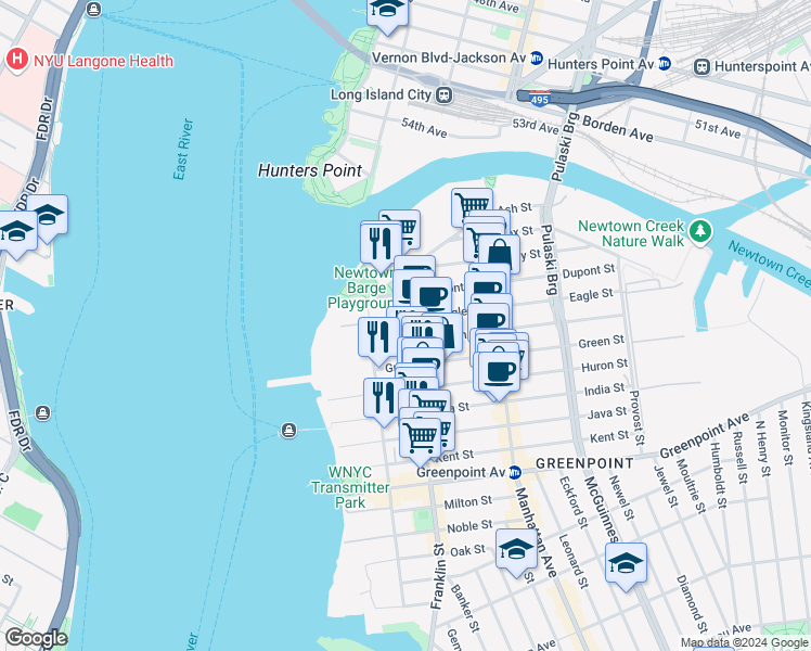map of restaurants, bars, coffee shops, grocery stores, and more near 74 Freeman Street in Brooklyn
