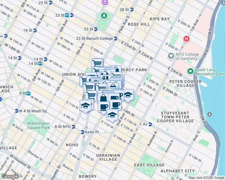 map of restaurants, bars, coffee shops, grocery stores, and more near 172 East 14th Street in New York
