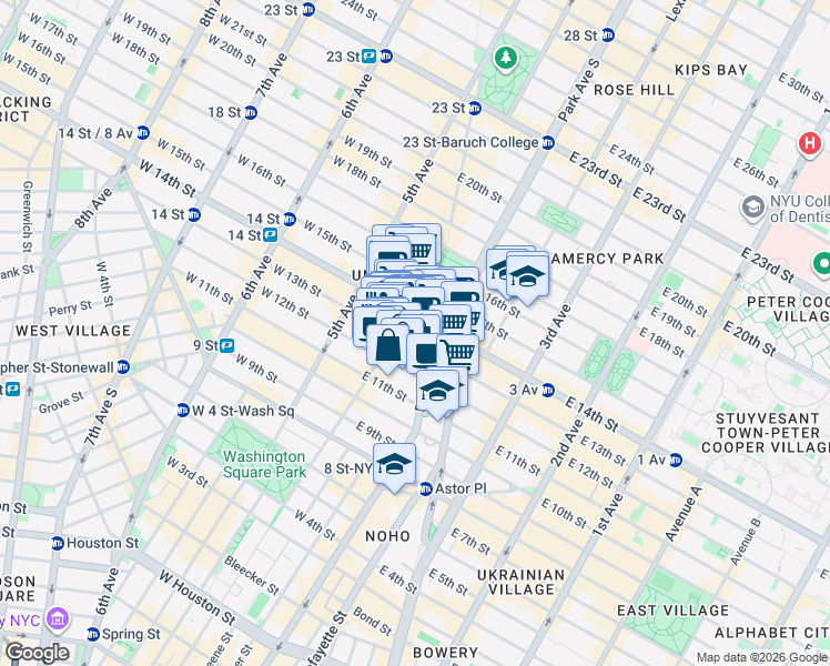 map of restaurants, bars, coffee shops, grocery stores, and more near 35 East 12th Street in New York