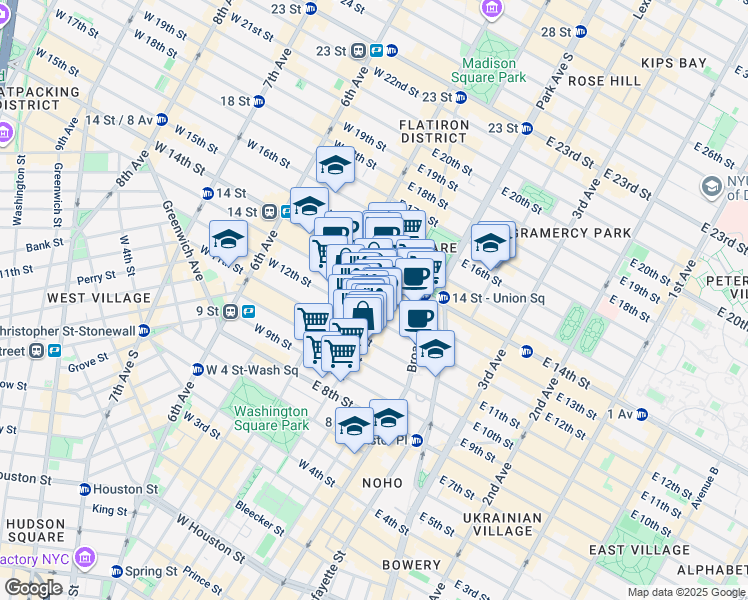 map of restaurants, bars, coffee shops, grocery stores, and more near 86 University Place in New York