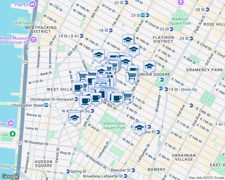 map of restaurants, bars, coffee shops, grocery stores, and more near 53 West 9th Street in New York