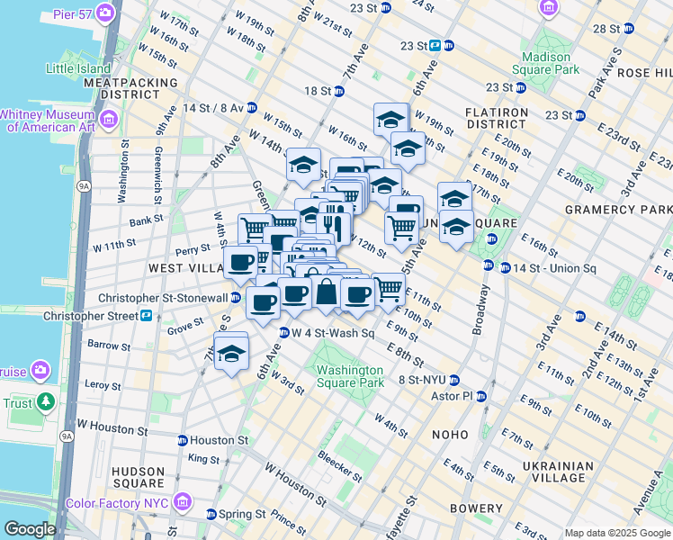 map of restaurants, bars, coffee shops, grocery stores, and more near 53 West 9th Street in New York