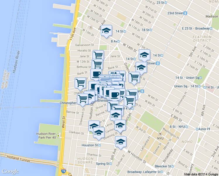 map of restaurants, bars, coffee shops, grocery stores, and more near 341 Bleecker Street in New York