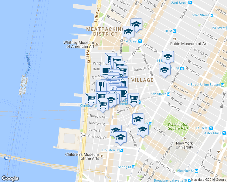 map of restaurants, bars, coffee shops, grocery stores, and more near in New York