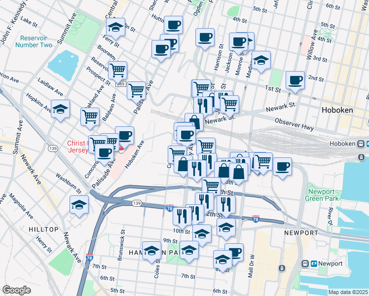 map of restaurants, bars, coffee shops, grocery stores, and more near 825 Jersey Avenue in Jersey City