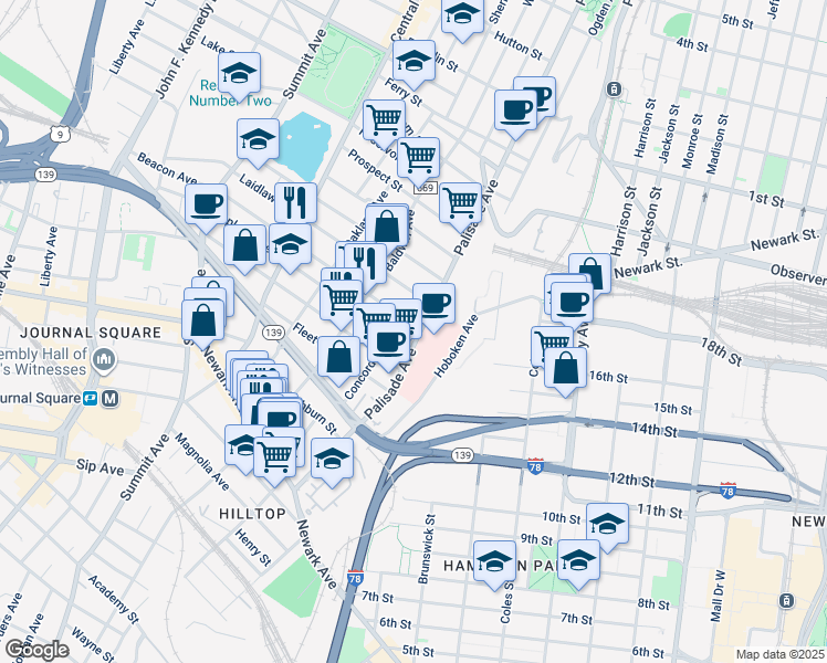 map of restaurants, bars, coffee shops, grocery stores, and more near 192 Palisade Avenue in Jersey City