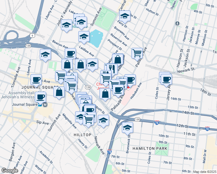 map of restaurants, bars, coffee shops, grocery stores, and more near 46 Fleet Street in Jersey City