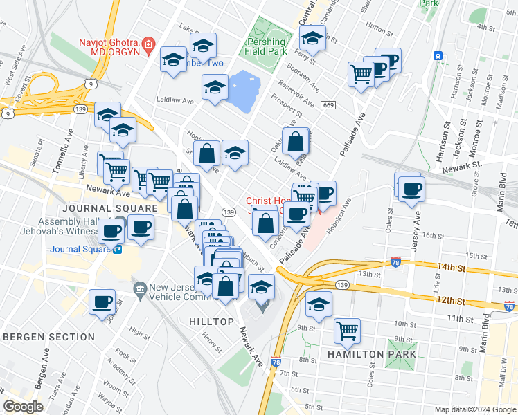 map of restaurants, bars, coffee shops, grocery stores, and more near 46 Fleet Street in Jersey City