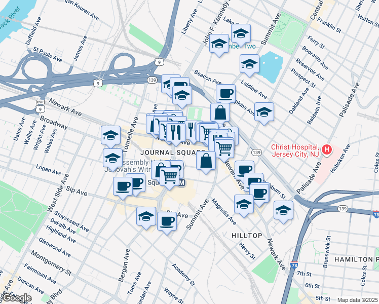 map of restaurants, bars, coffee shops, grocery stores, and more near 36 Van Reipen Avenue in Jersey City