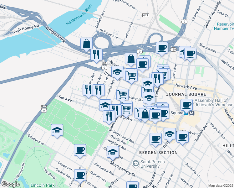 map of restaurants, bars, coffee shops, grocery stores, and more near 27 Fox Place in Jersey City