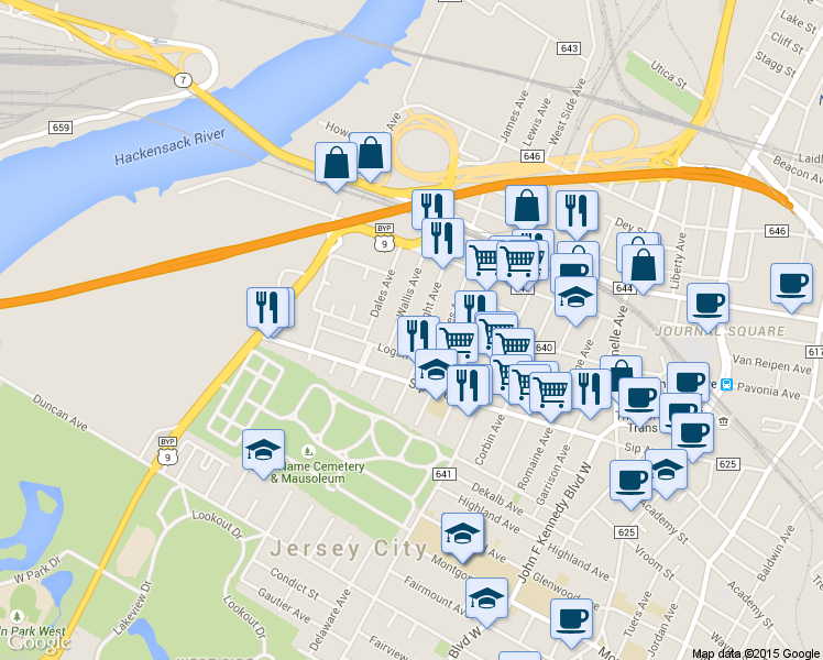 map of restaurants, bars, coffee shops, grocery stores, and more near 9 Wales Avenue in Jersey City