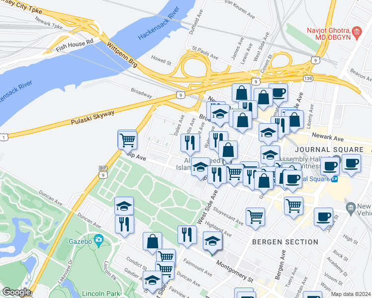 map of restaurants, bars, coffee shops, grocery stores, and more near 83 Logan Avenue in Jersey City