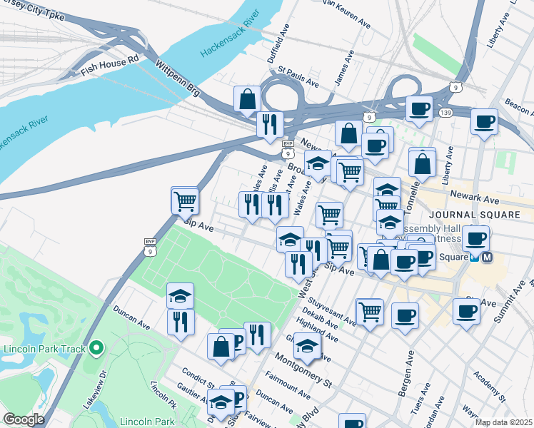 map of restaurants, bars, coffee shops, grocery stores, and more near 83 Logan Avenue in Jersey City
