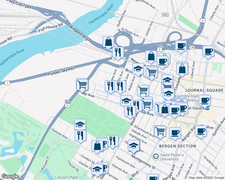 map of restaurants, bars, coffee shops, grocery stores, and more near 83 Logan Avenue in Jersey City