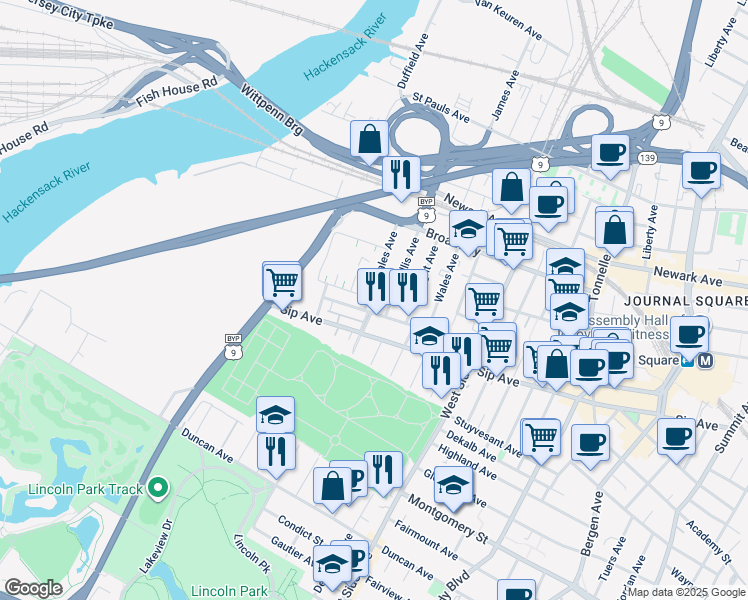 map of restaurants, bars, coffee shops, grocery stores, and more near 83 Logan Avenue in Jersey City