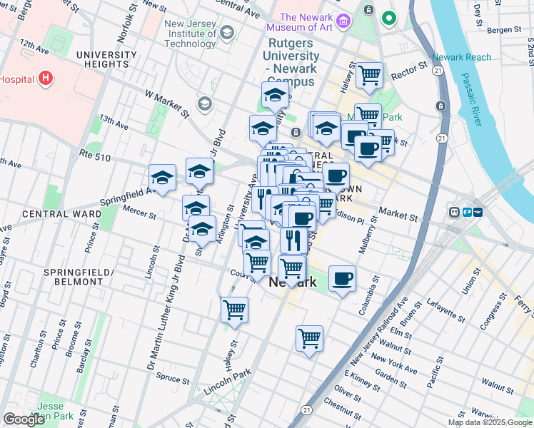 map of restaurants, bars, coffee shops, grocery stores, and more near 319 Washington Street in Newark