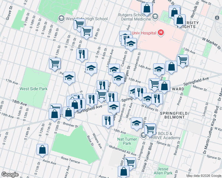 map of restaurants, bars, coffee shops, grocery stores, and more near 51 16th Avenue in Newark