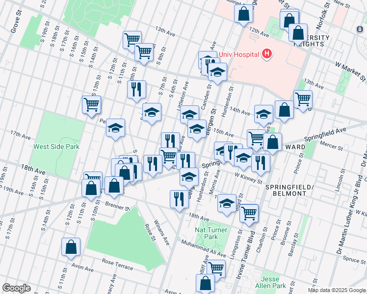 map of restaurants, bars, coffee shops, grocery stores, and more near 51 16th Avenue in Newark