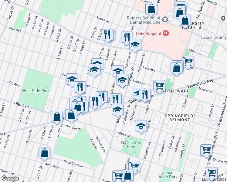 map of restaurants, bars, coffee shops, grocery stores, and more near 51 16th Avenue in Newark