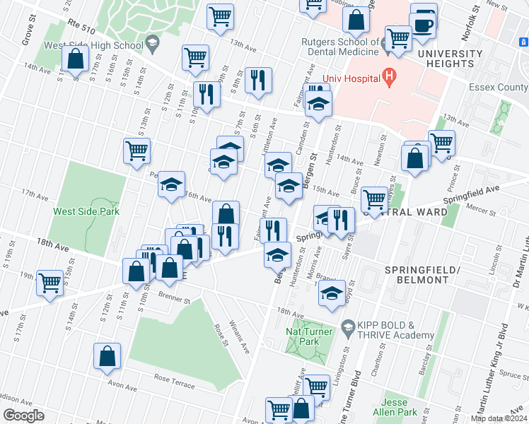 map of restaurants, bars, coffee shops, grocery stores, and more near 391 Fairmount Avenue in Newark