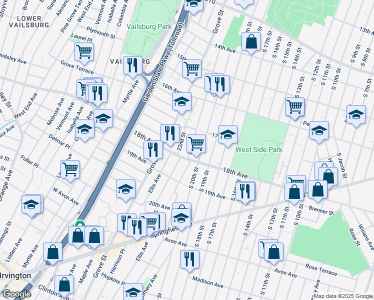map of restaurants, bars, coffee shops, grocery stores, and more near 649 18th Avenue in Irvington