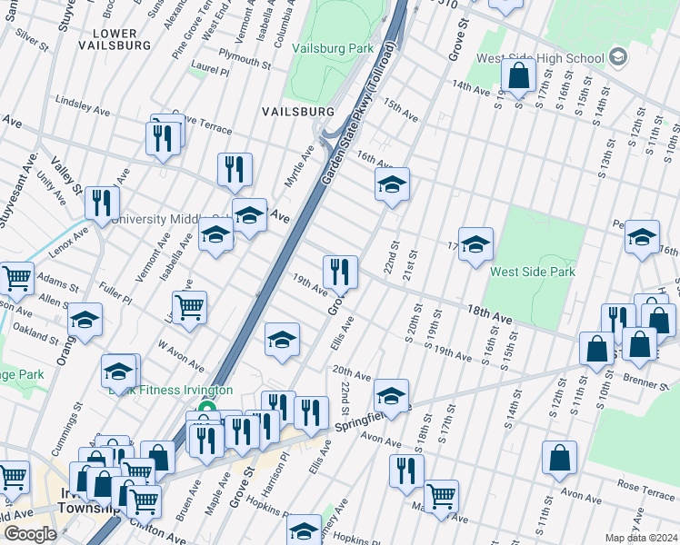 map of restaurants, bars, coffee shops, grocery stores, and more near 697 Grove Street in Irvington