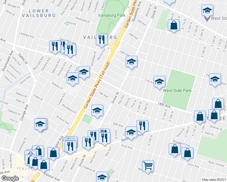 map of restaurants, bars, coffee shops, grocery stores, and more near 697 Grove Street in Irvington