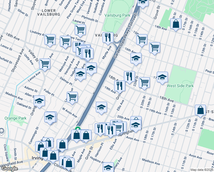 map of restaurants, bars, coffee shops, grocery stores, and more near 211 19th Avenue in Irvington