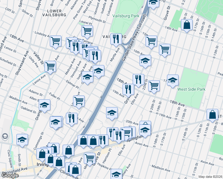map of restaurants, bars, coffee shops, grocery stores, and more near 211 19th Avenue in Irvington