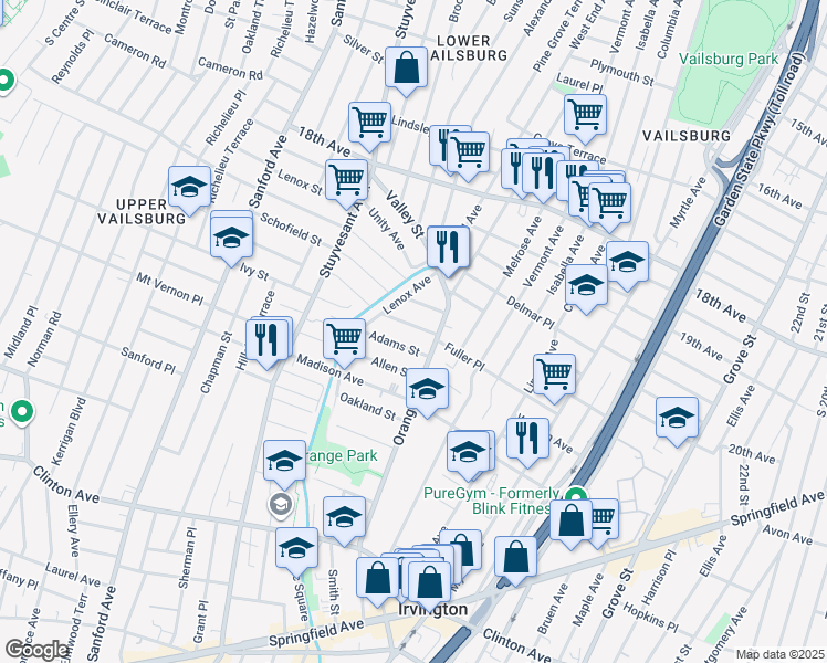 map of restaurants, bars, coffee shops, grocery stores, and more near 235 Orange Avenue in Irvington