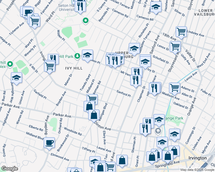map of restaurants, bars, coffee shops, grocery stores, and more near 264 Eastern Parkway in Newark