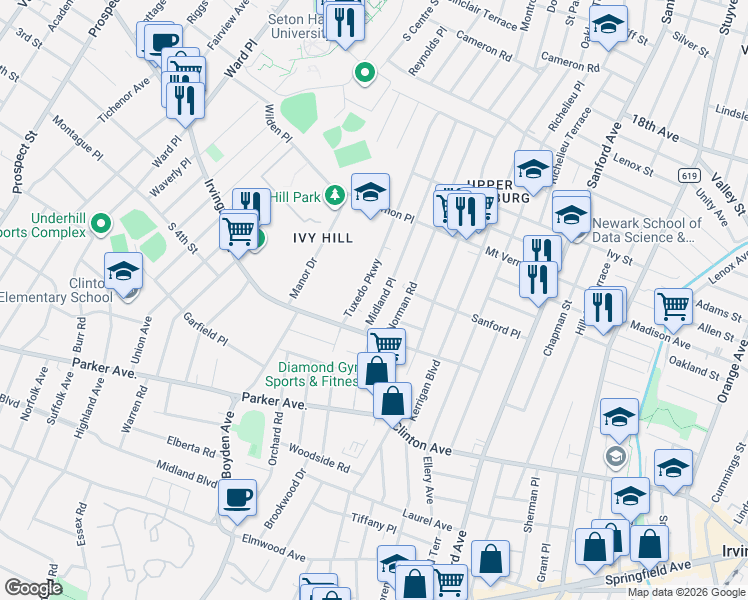 map of restaurants, bars, coffee shops, grocery stores, and more near 207 Midland Place in Newark