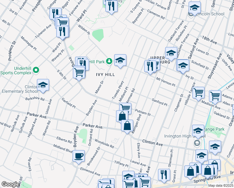 map of restaurants, bars, coffee shops, grocery stores, and more near 207 Midland Place in Newark