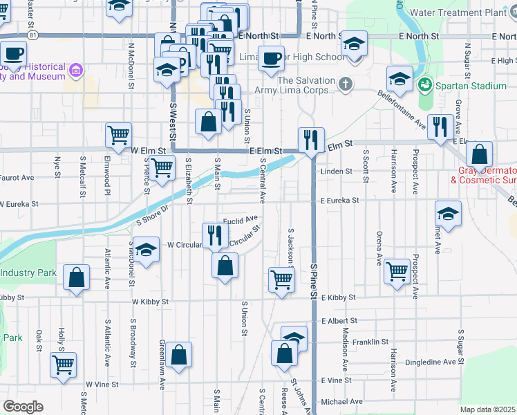 map of restaurants, bars, coffee shops, grocery stores, and more near 422 South Central Avenue in Lima