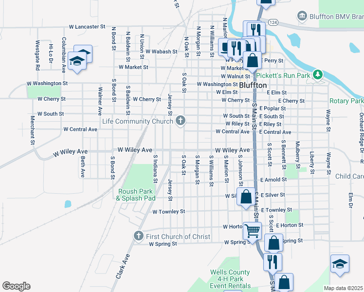 map of restaurants, bars, coffee shops, grocery stores, and more near 524 West Wiley Avenue in Bluffton