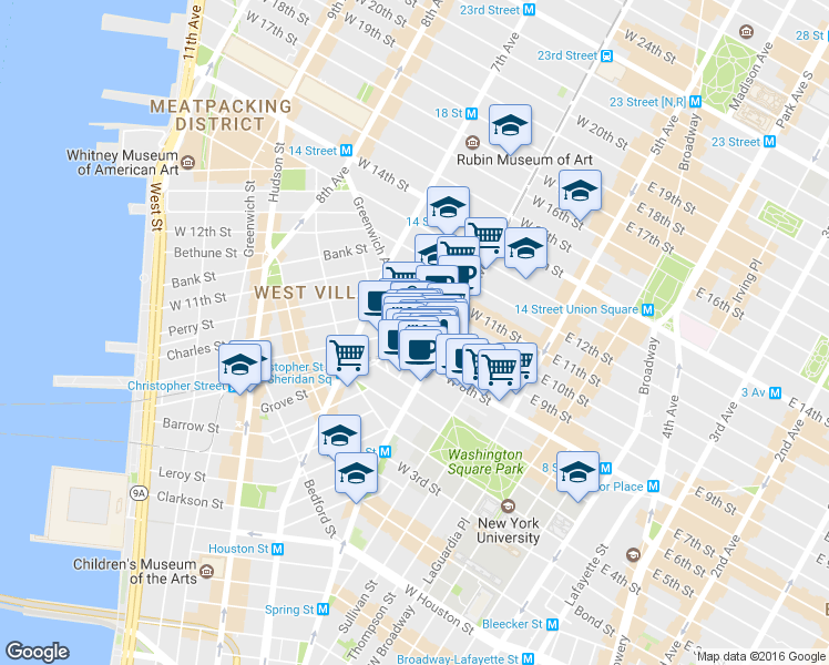 map of restaurants, bars, coffee shops, grocery stores, and more near 58 1/2 West 8th Street in New York