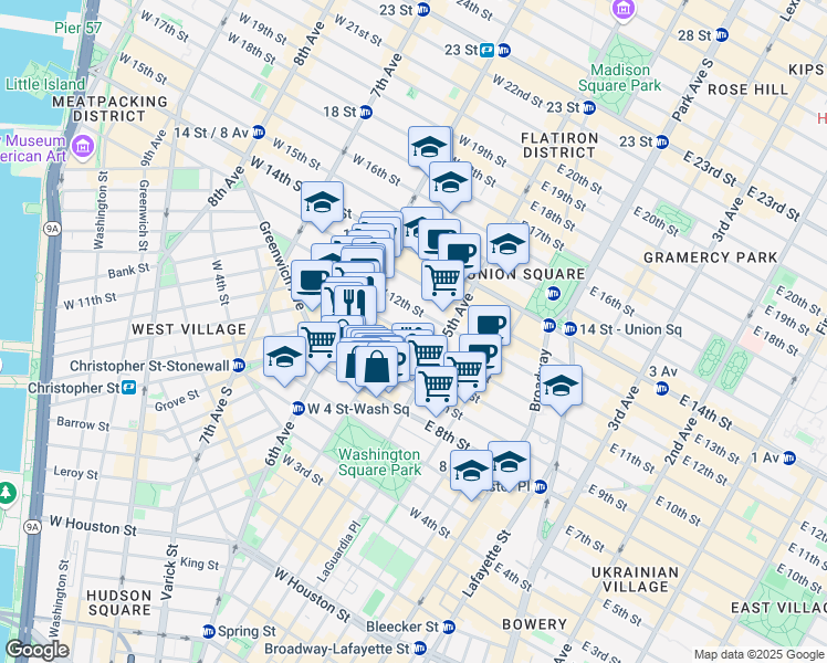map of restaurants, bars, coffee shops, grocery stores, and more near 25 West 11th Street in New York