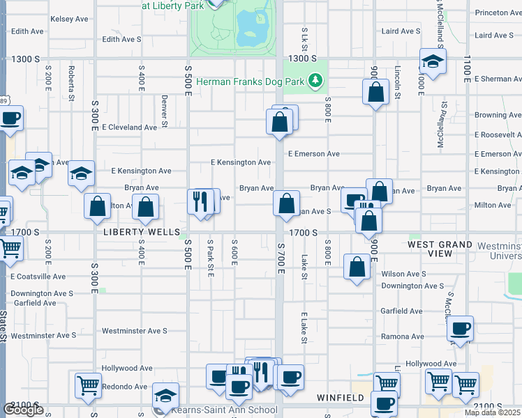 map of restaurants, bars, coffee shops, grocery stores, and more near 652 Milton Avenue in Salt Lake City
