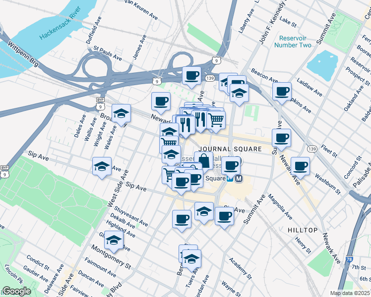 map of restaurants, bars, coffee shops, grocery stores, and more near 106 Tonnelle Avenue in Jersey City